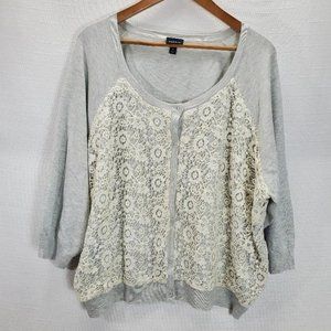 Torrid Cardigan Womens 4 (26/28) Gray Cream Crochet Overlay 3/4 Sleeve Sweater